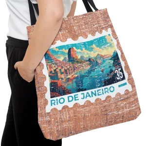 Vibrant Rio De Janeiro Stamp Large Tote Bag - Colorful Brazilian Cityscape on Terra Cotta Background