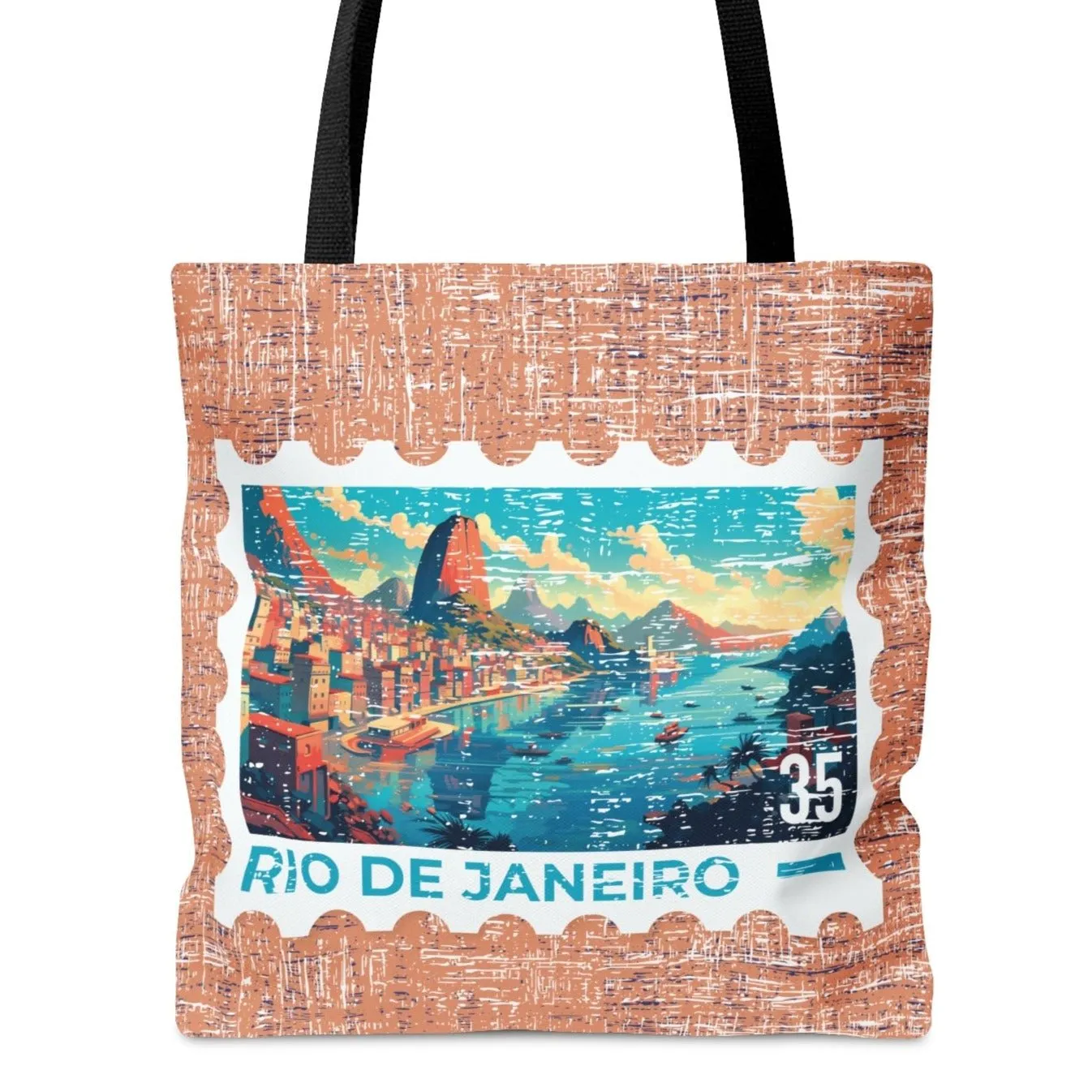 Vibrant Rio De Janeiro Stamp Large Tote Bag - Colorful Brazilian Cityscape on Terra Cotta Background