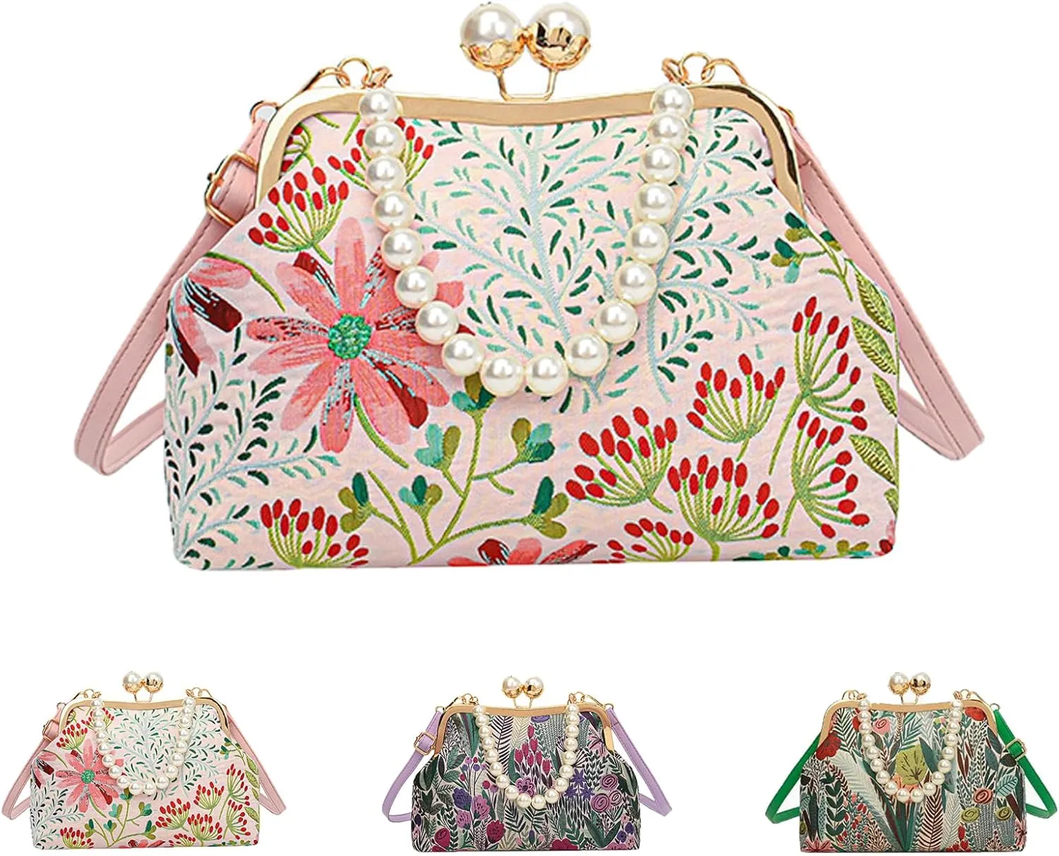 Vintage Embroidered Flower Handbag, Retro Pearl Chain, Flower Embroidery Rustic Shoulder Bag with Kiss Lock Closure