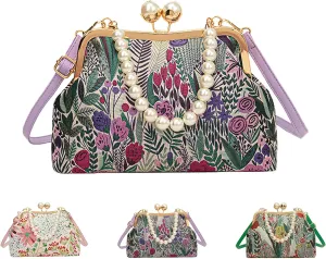 Vintage Embroidered Flower Handbag, Retro Pearl Chain, Flower Embroidery Rustic Shoulder Bag with Kiss Lock Closure