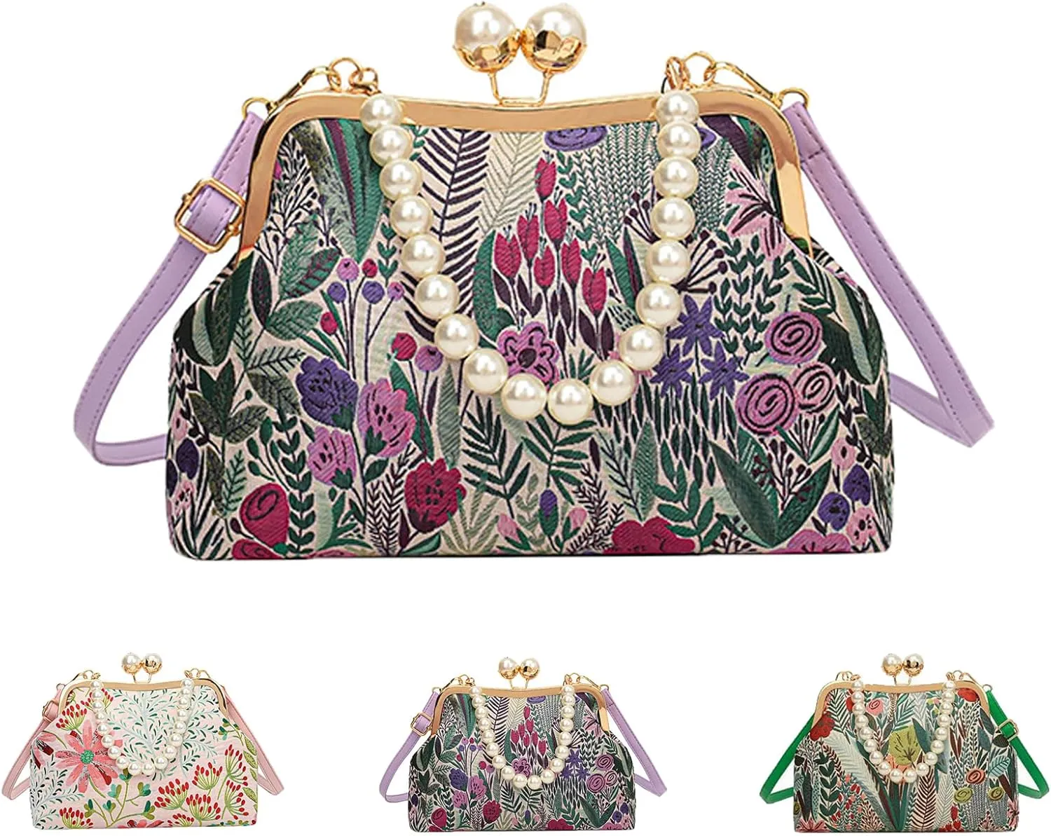 Vintage Embroidered Flower Handbag, Retro Pearl Chain, Flower Embroidery Rustic Shoulder Bag with Kiss Lock Closure