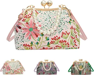 Vintage Embroidered Flower Handbag, Retro Pearl Chain, Flower Embroidery Rustic Shoulder Bag with Kiss Lock Closure