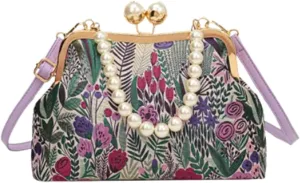Vintage Floral Embroidery Crossbody Bag for Women, Shoulder Purse Wedding Party Handbag,Forest flower shell bag