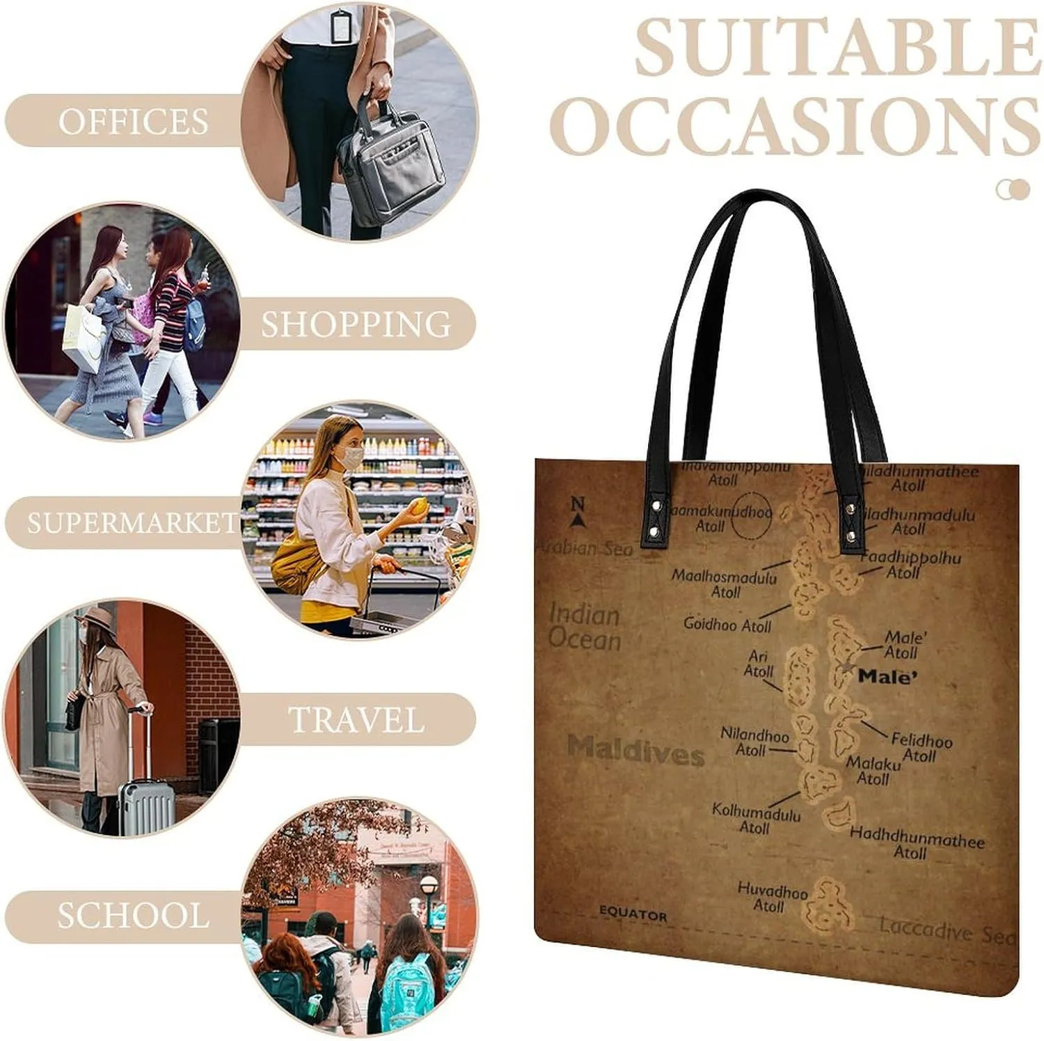 Vintage Maps of of Iran Leather Handbags Shoping Bag Women Large Capacity Beach Bag