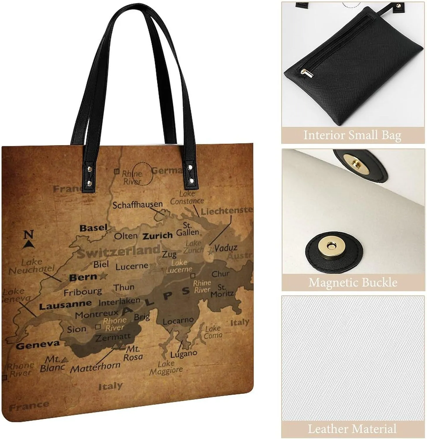 Vintage Maps of The Gambia Leather Handbags Shoping Bag Women Large Capacity Beach Bag