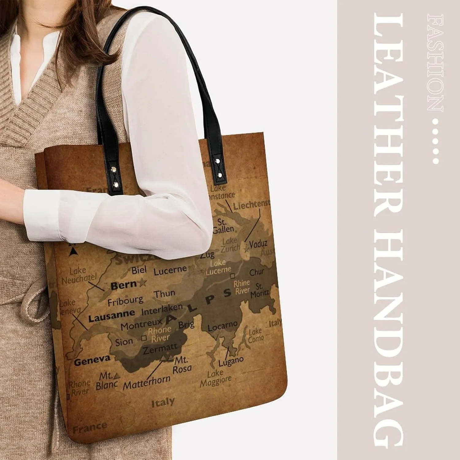 Vintage Maps of The Gambia Leather Handbags Shoping Bag Women Large Capacity Beach Bag