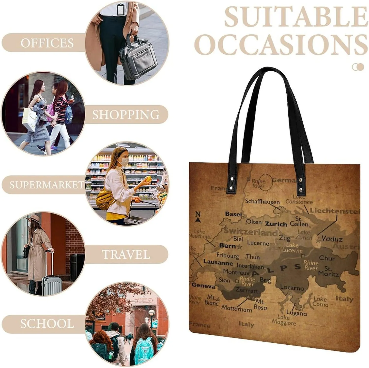 Vintage Maps of The Gambia Leather Handbags Shoping Bag Women Large Capacity Beach Bag