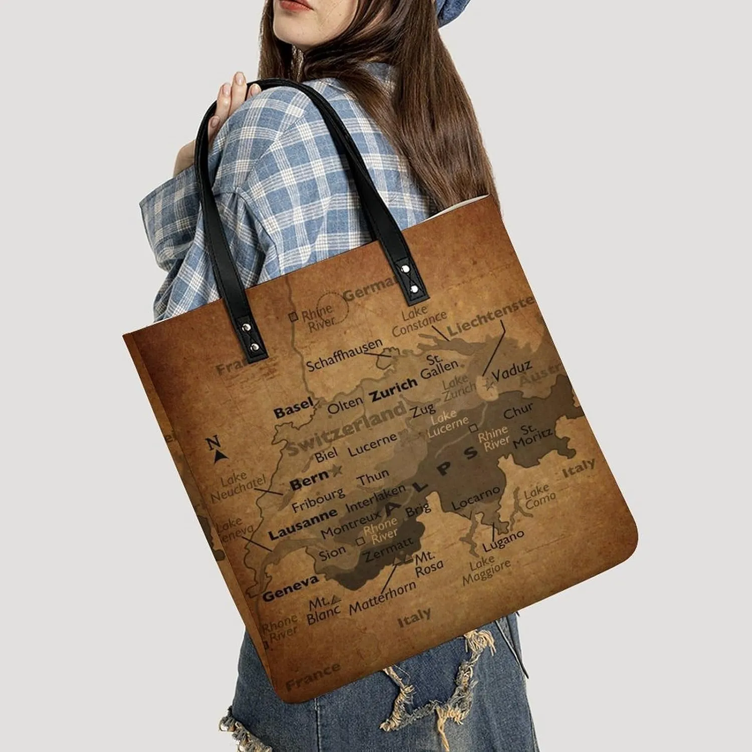 Vintage Maps of The Gambia Leather Handbags Shoping Bag Women Large Capacity Beach Bag