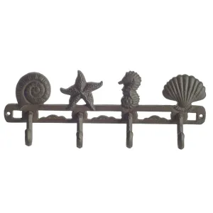 Vintage Seashell Coat Hook Hanger by Comfify | Rustic Cast Iron Wall Hanger w/ 4 Decorative Hooks | Includes Screws and Anchors | in Rust Brown | (Seashell Wall Hanger CA-1507-04)