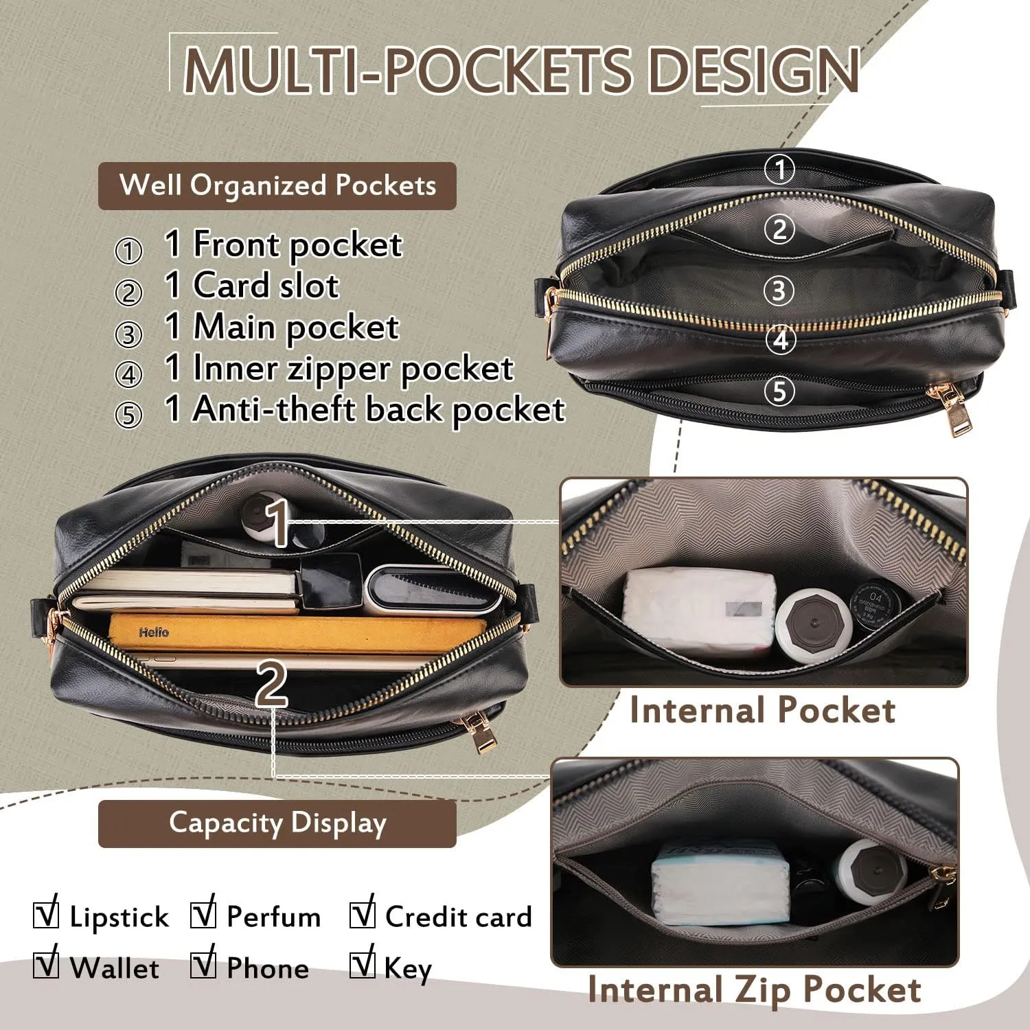 VX VONXURY Small Crossbody Bags for Women, Vegan Soft Pu Leather Triple Zipper Purse Handbags