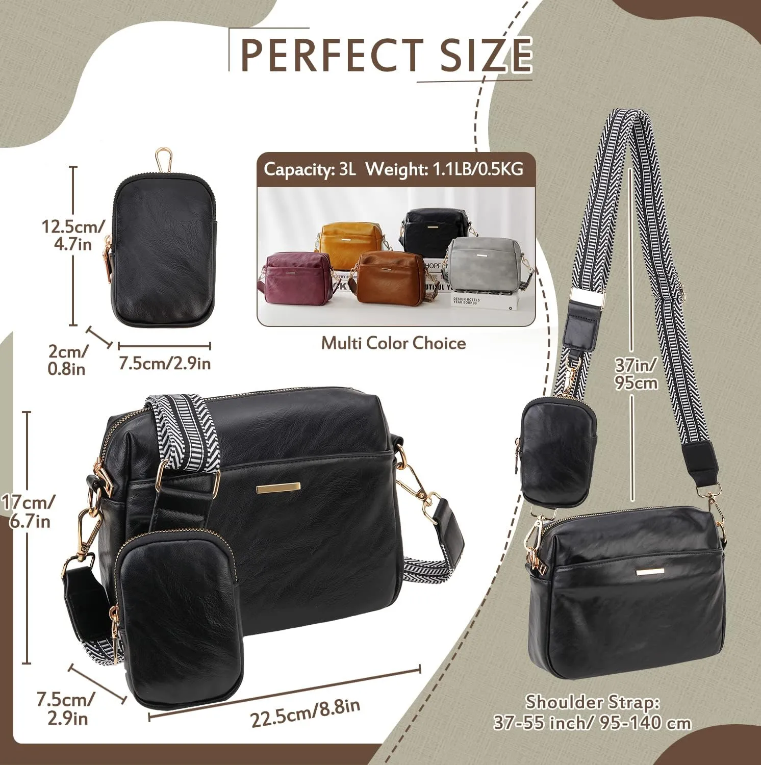 VX VONXURY Small Crossbody Bags for Women, Vegan Soft Pu Leather Triple Zipper Purse Handbags