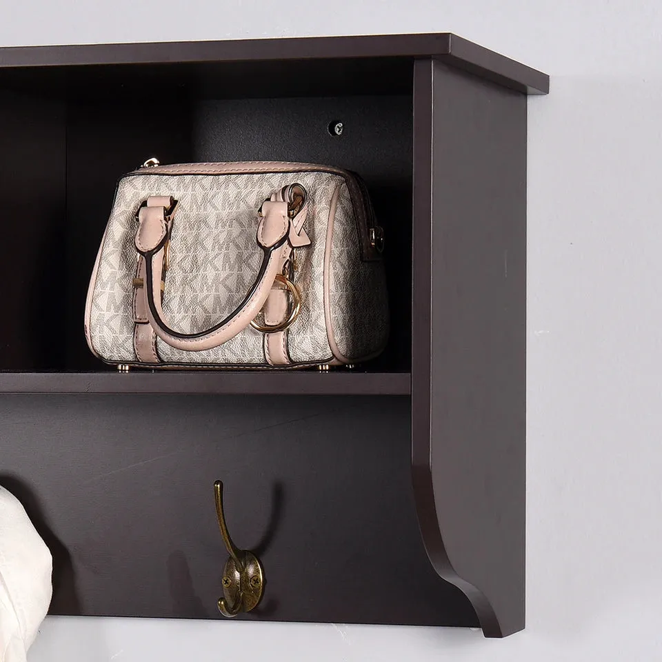 Wall-Mounted Coat Hooks With Storage Shelf &amp; 4 Dual Hooks Rustic Wood Hanging Coat Rack For Kitchen, Bathroom, Entryway