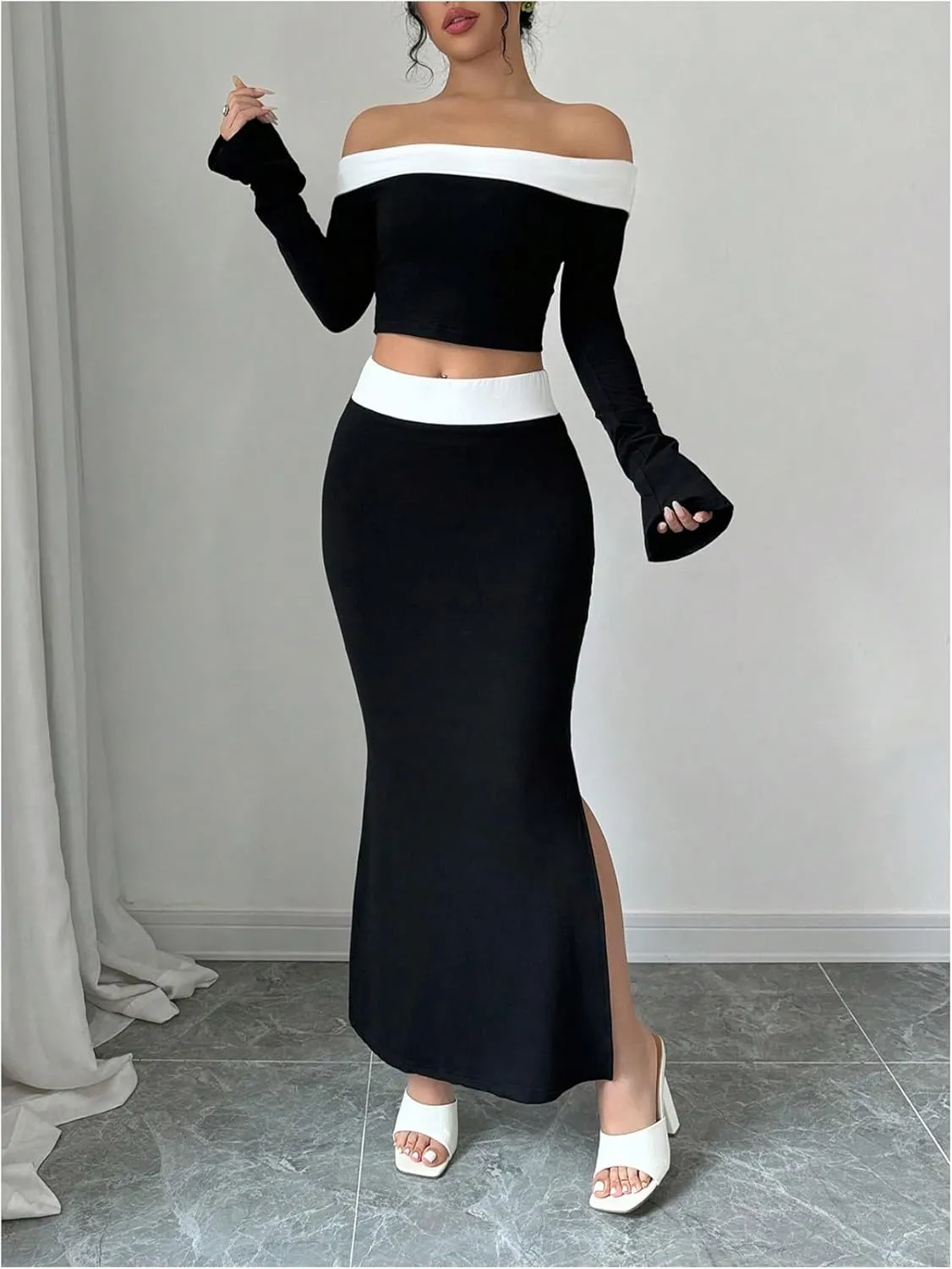 WDIRARA Women's 2 Piece Split Fishtail Skirt Set Monochrome Off Shoulder Top Outfit