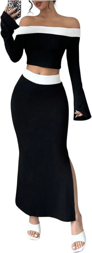 WDIRARA Women's 2 Piece Split Fishtail Skirt Set Monochrome Off Shoulder Top Outfit