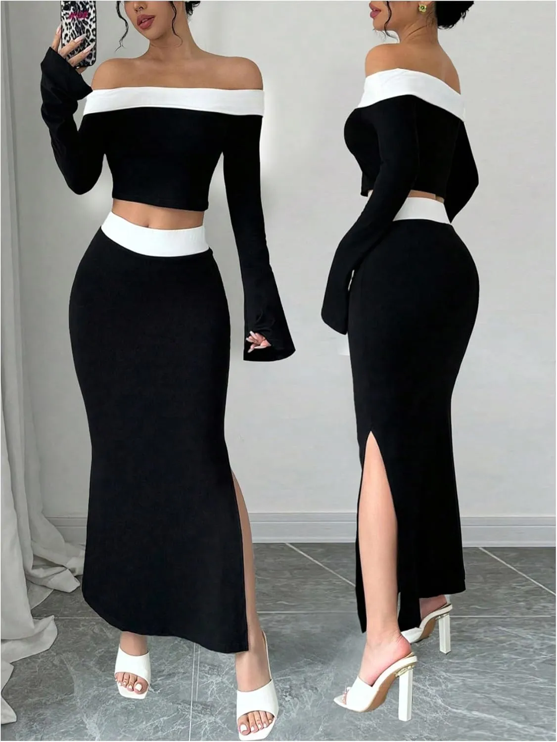 WDIRARA Women's 2 Piece Split Fishtail Skirt Set Monochrome Off Shoulder Top Outfit