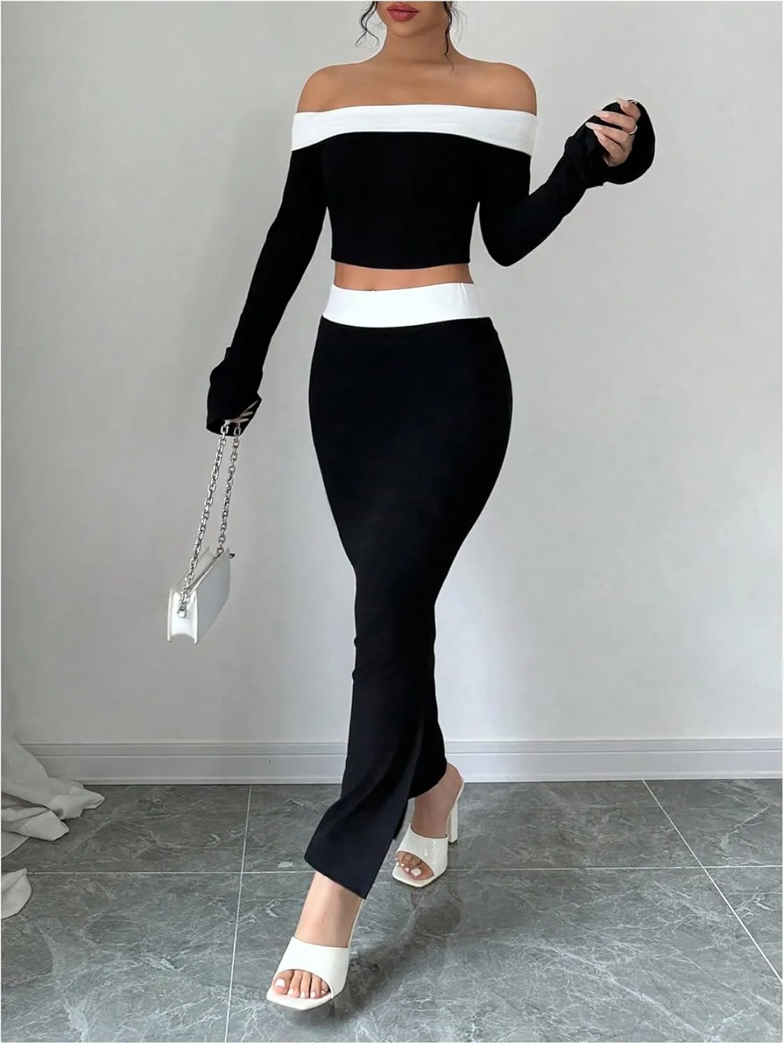 WDIRARA Women's 2 Piece Split Fishtail Skirt Set Monochrome Off Shoulder Top Outfit