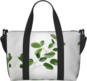 White Natural Greenery Twig Print Tote Crossbody Travel Bag with Zip Casual Handbag for Weekend Trips and Gym Shopping, Black, One Size, Travel Tote