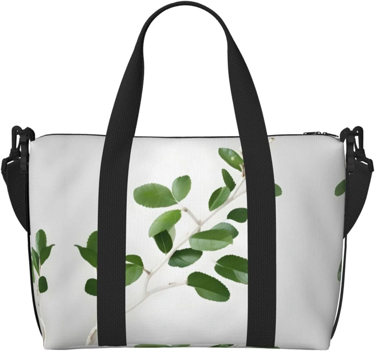 White Natural Greenery Twig Print Tote Crossbody Travel Bag with Zip Casual Handbag for Weekend Trips and Gym Shopping, Black, One Size, Travel Tote