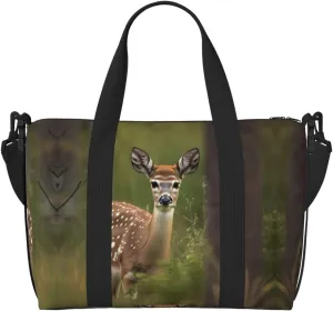 Whitetail Deer Fawn in Wilderness Stag Print Tote Crossbody Travel Bag with Zip Casual Handbag for Weekend Trips and Gym Shopping, Black, One Size, Travel Tote