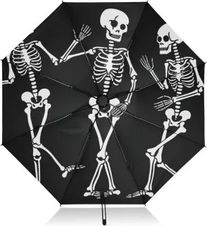 Windproof Travel Umbrella, Auto Open Close, Collapsible Umbrella, Backpack Purse Portable, Ideal for Women, Funny Dancing Skeletons Black