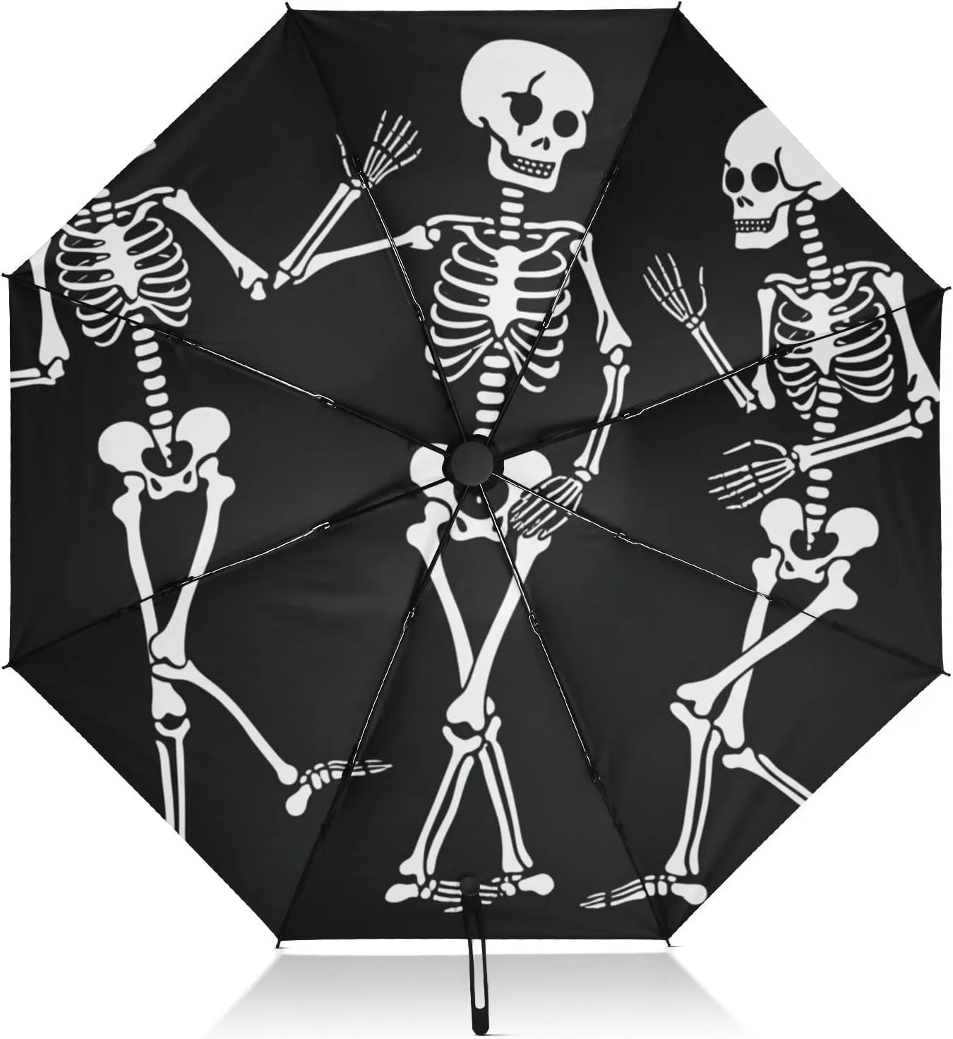 Windproof Travel Umbrella, Auto Open Close, Collapsible Umbrella, Backpack Purse Portable, Ideal for Women, Funny Dancing Skeletons Black