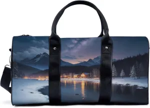 Winter town snow scenery Travel Duffel Bag for Woman Weekender Bag Man Tote Gym Bag Sport Gym Bag Hospital Bag for Labor and Delivery Overnight Bag Luggage Bag
