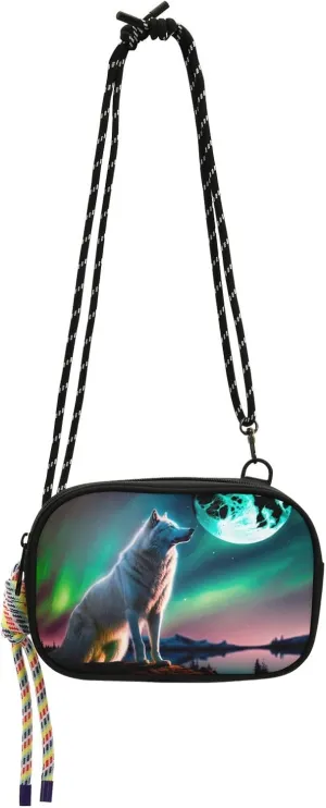 Wolf and Aurora Print Crossbody Handbags for Women Walking, Hiking Lightweight Shoulder Phone Purse