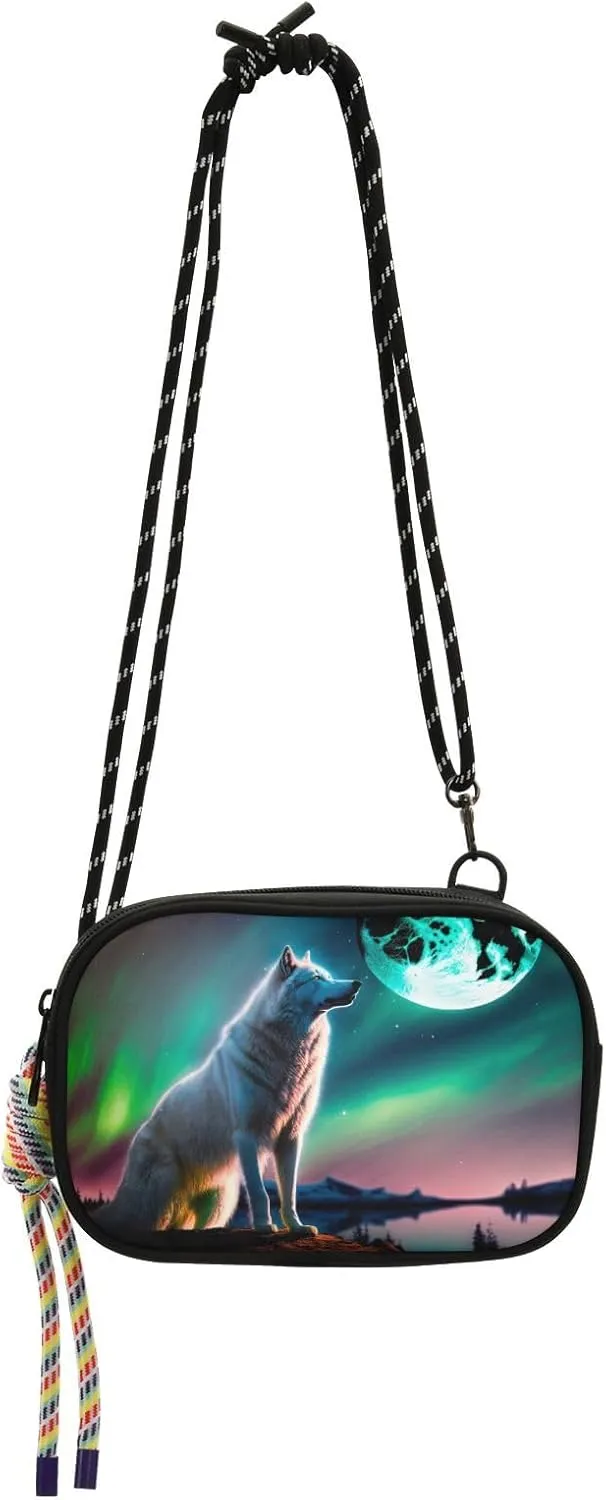 Wolf and Aurora Print Crossbody Handbags for Women Walking, Hiking Lightweight Shoulder Phone Purse