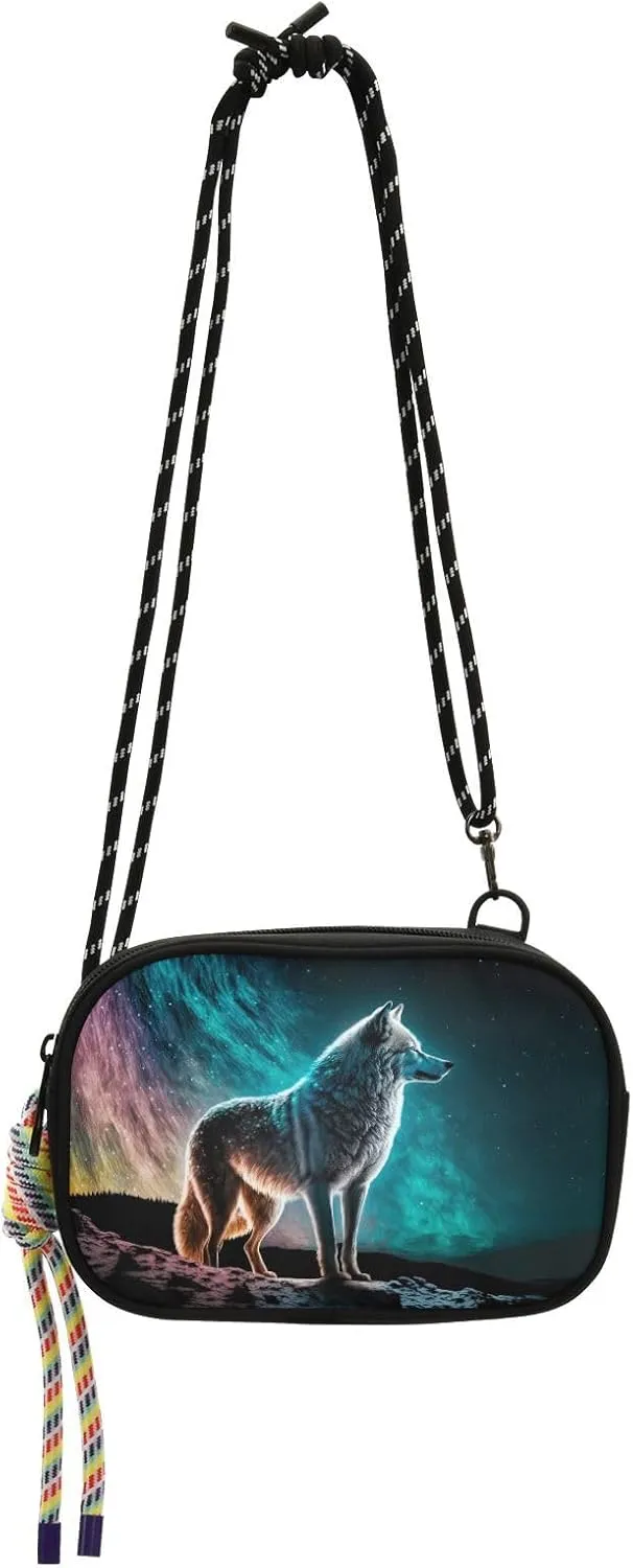 Wolf Aurora Print Crossbody Handbags for Women Walking, Hiking Lightweight Shoulder Phone Purse