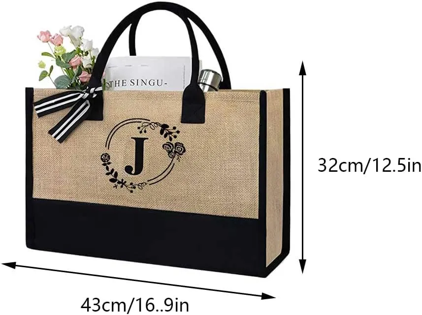 Women Jute Tote Bag Personalized Tote Bag Large Capacity Fashion Shopping Bag with Letter Linen Travel Handbag for
