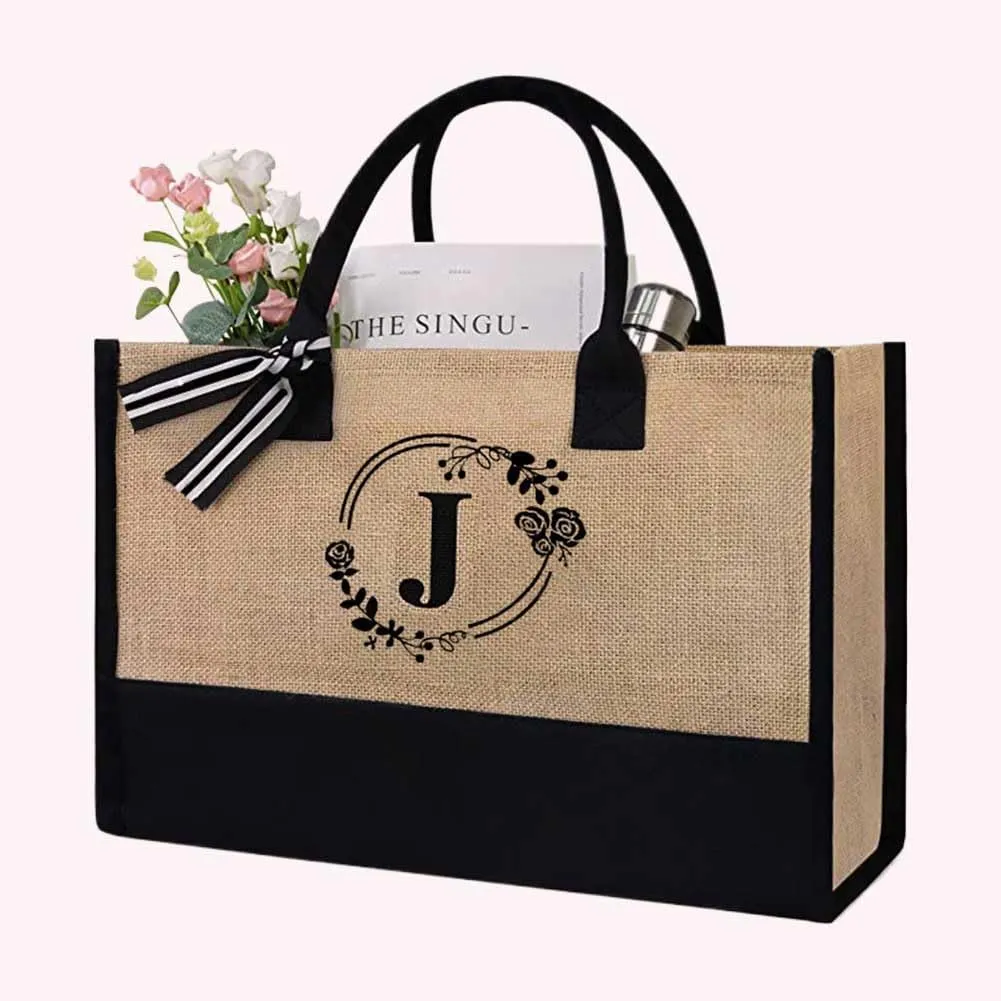 Women Jute Tote Bag Personalized Tote Bag Large Capacity Fashion Shopping Bag with Letter Linen Travel Handbag for