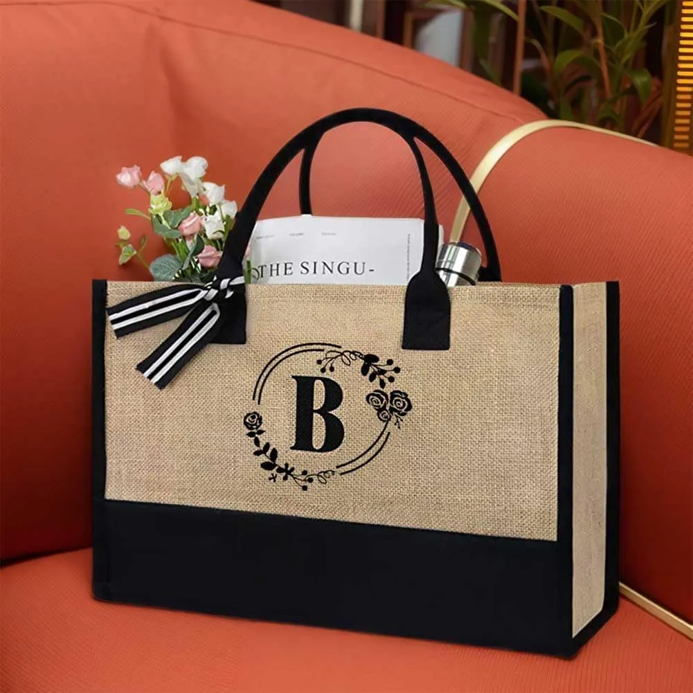 Women Jute Tote Bag Personalized Tote Bag Large Capacity Fashion Shopping Bag with Letter Linen Travel Handbag for