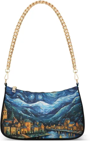 Women Shoulder Bag Painting Of Village Starry Night Lightweight Clutch Handbags Casual Tote Handbags