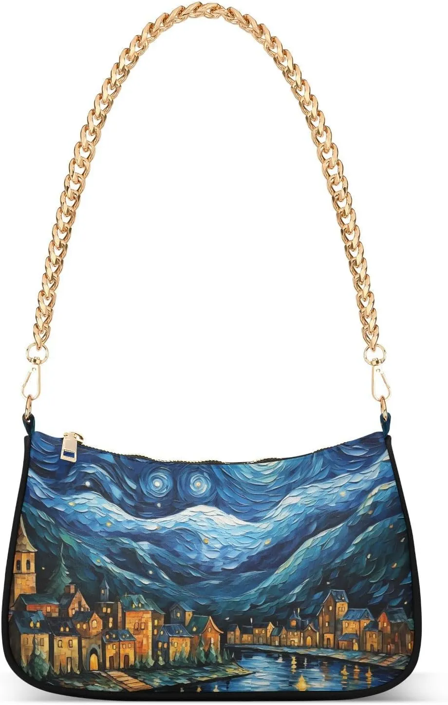Women Shoulder Bag Painting Of Village Starry Night Lightweight Clutch Handbags Casual Tote Handbags