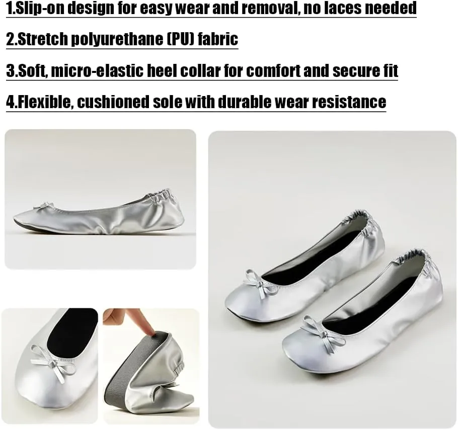 Women's Foldable Ballet Flats ，Portable Roll-Up Travel Shoes with Carrying Pouch, Lightweight Slip-On Comfort for Wedding, Bridesmaid & Dance Events