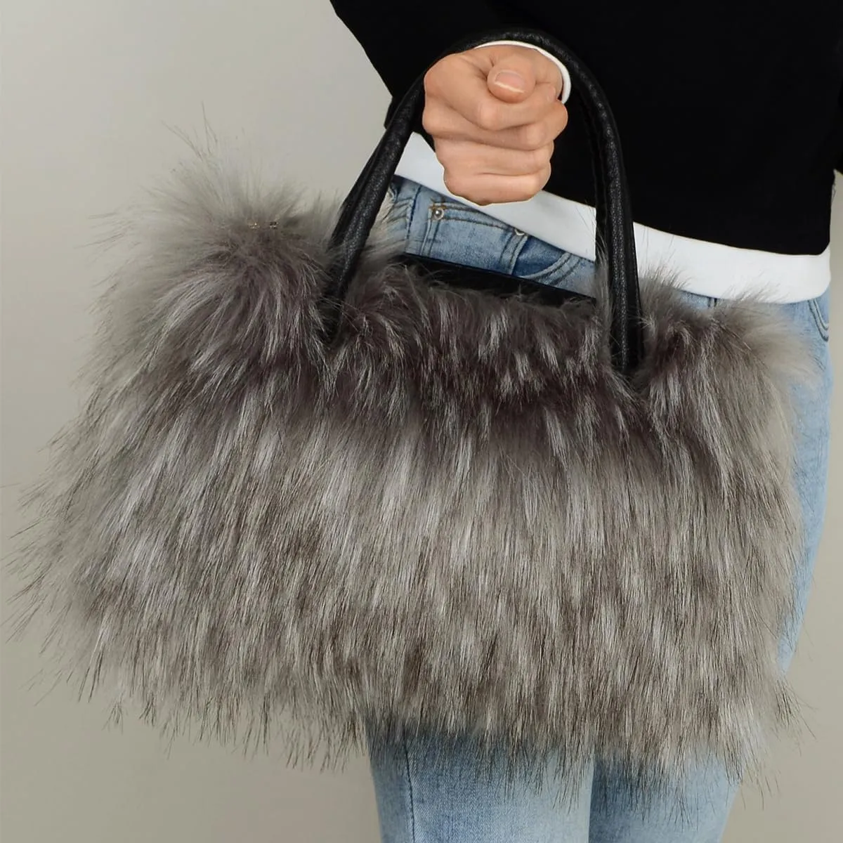 Women's Furry Shoulder Handbags Faux Fur Work Tote Bag for Women Fluffy Satchel Handbags Wristlet Zipper Purses