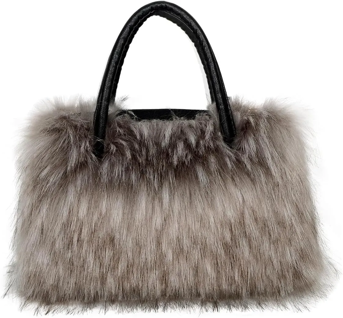 Women's Furry Shoulder Handbags Faux Fur Work Tote Bag for Women Fluffy Satchel Handbags Wristlet Zipper Purses