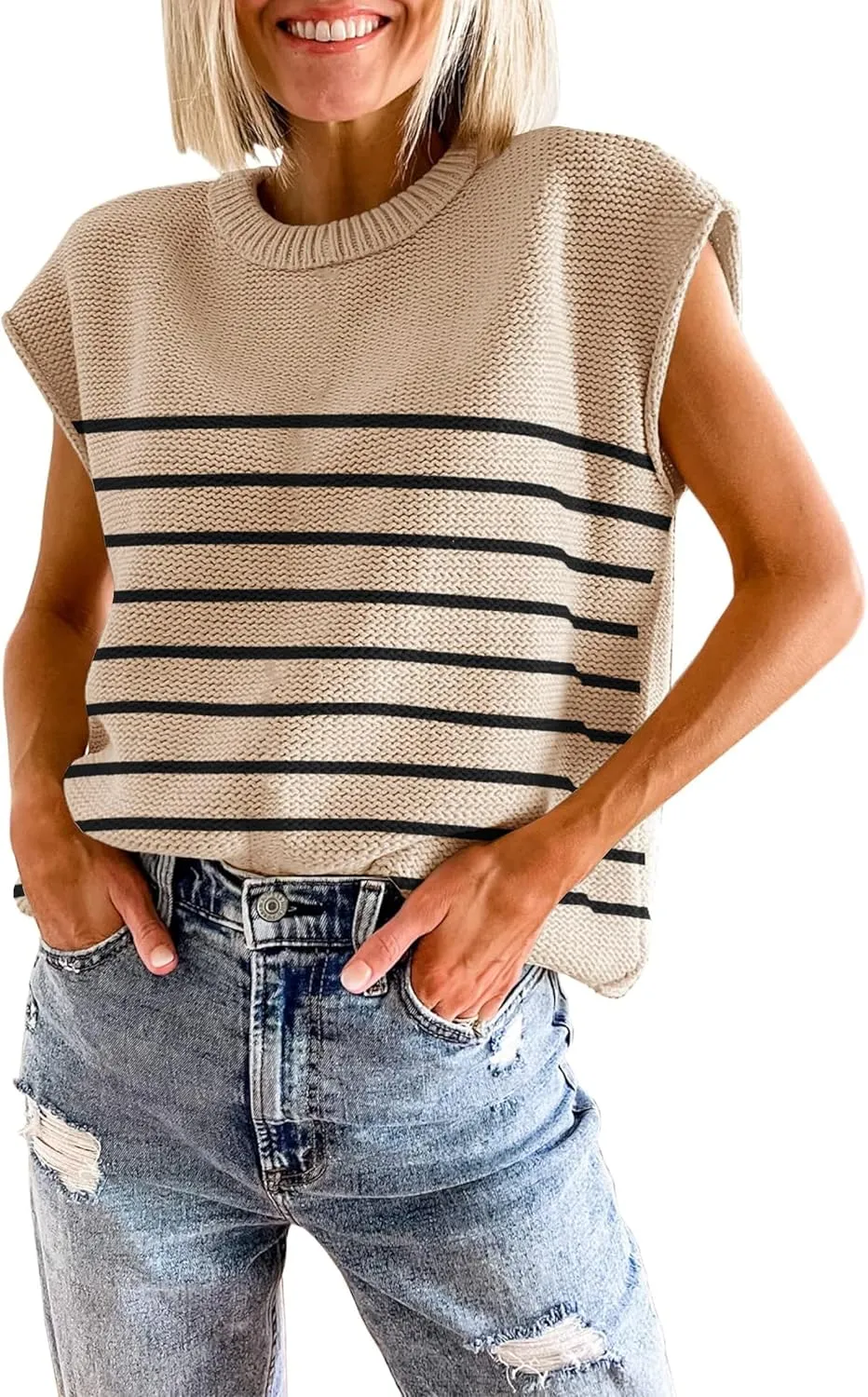 Womens Summer Sweater Vest Cap Sleeve Crew Neck Casual Loose Fit Knit Lightweight Pullover Tank Top for Spring Summer