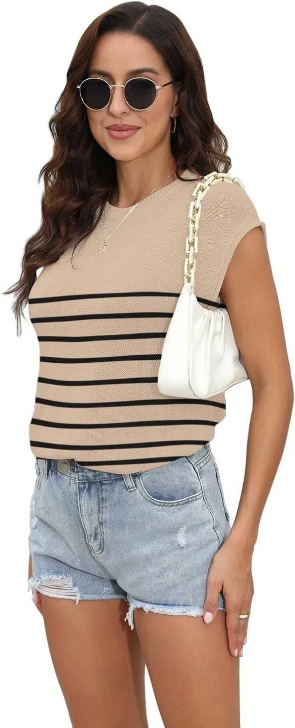 Womens Summer Sweater Vest Cap Sleeve Crew Neck Casual Loose Fit Knit Lightweight Pullover Tank Top for Spring Summer