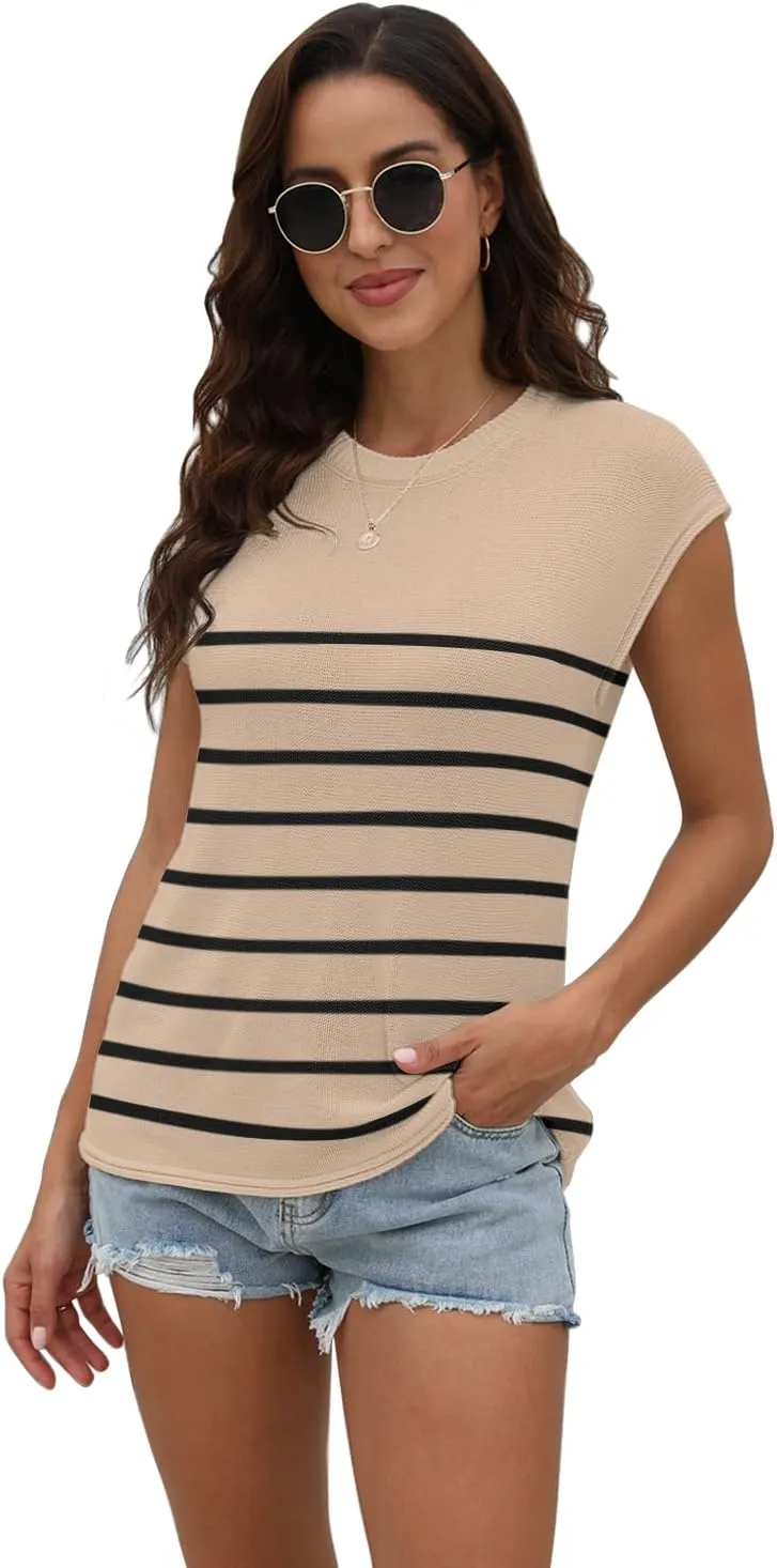 Womens Summer Sweater Vest Cap Sleeve Crew Neck Casual Loose Fit Knit Lightweight Pullover Tank Top for Spring Summer