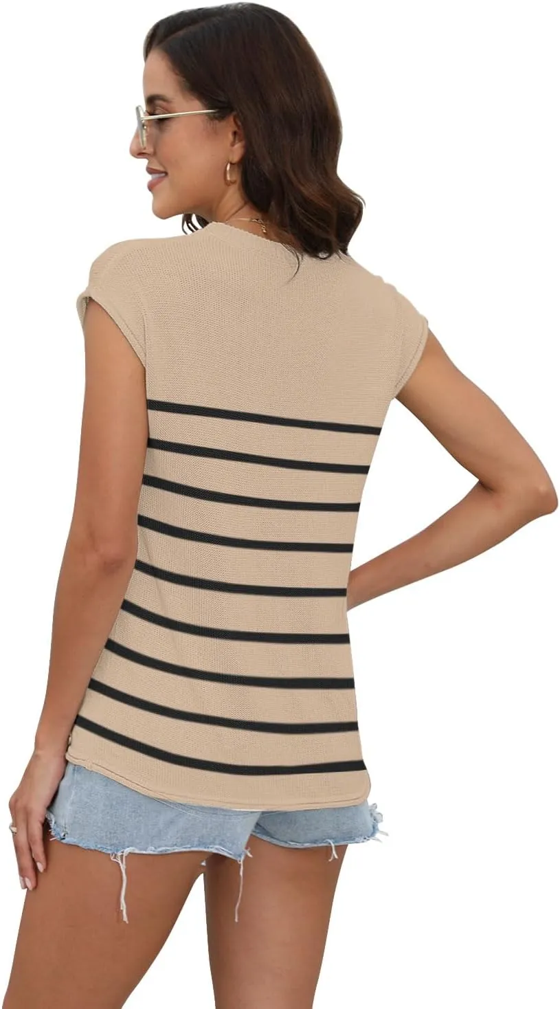 Womens Summer Sweater Vest Cap Sleeve Crew Neck Casual Loose Fit Knit Lightweight Pullover Tank Top for Spring Summer