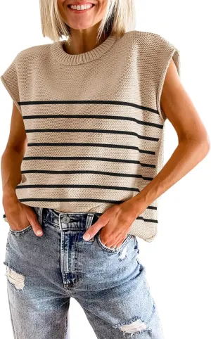 Womens Summer Sweater Vest Cap Sleeve Crew Neck Casual Loose Fit Knit Lightweight Pullover Tank Top for Spring Summer