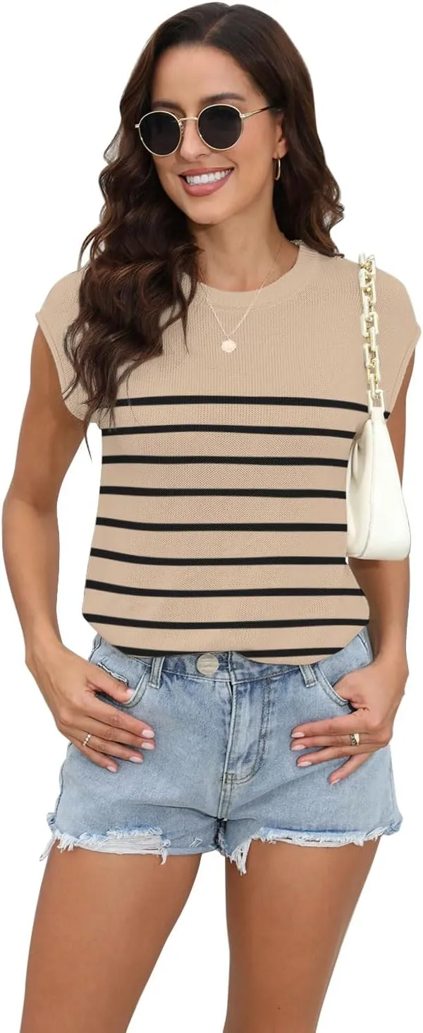 Womens Summer Sweater Vest Cap Sleeve Crew Neck Casual Loose Fit Knit Lightweight Pullover Tank Top for Spring Summer