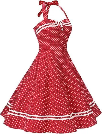 Women's Vintage Polka Dot Halter Dress 1950s Retro Audrey Hepburn Style Dress Summer Swing Prom Cocktail Outfit