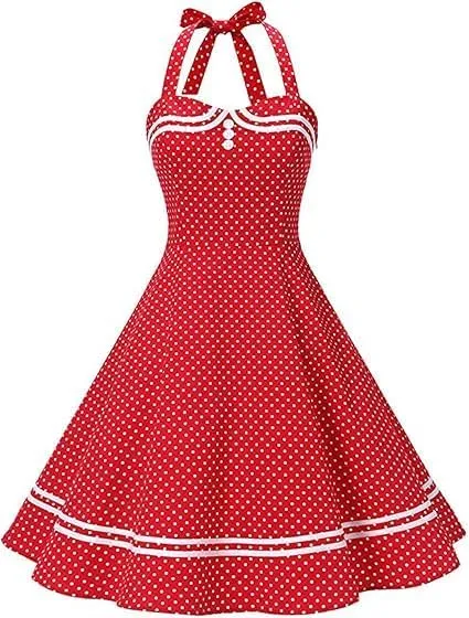 Women's Vintage Polka Dot Halter Dress 1950s Retro Audrey Hepburn Style Dress Summer Swing Prom Cocktail Outfit