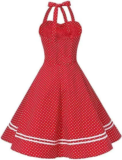 Women's Vintage Polka Dot Halter Dress 1950s Retro Audrey Hepburn Style Dress Summer Swing Prom Cocktail Outfit