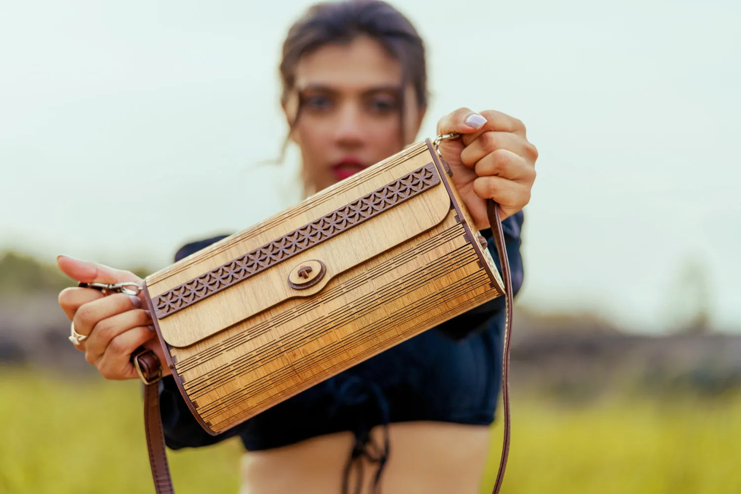 Wooden bag rectangle shape with carving - Flexi Wooden flap