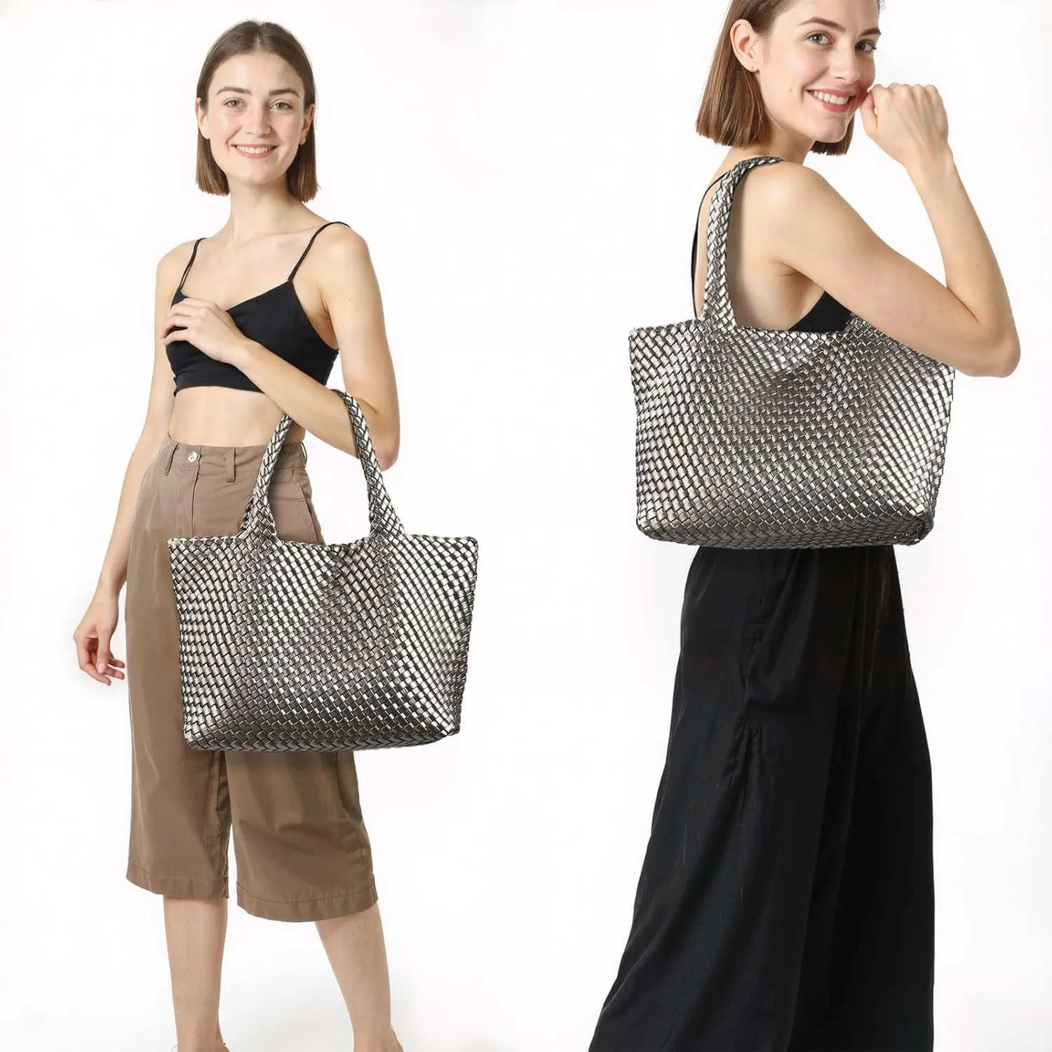 Woven tote Bag for Women, Large woven handbag Shoulder Bag Soft Vegan Leather with Inner Zipper Pouch