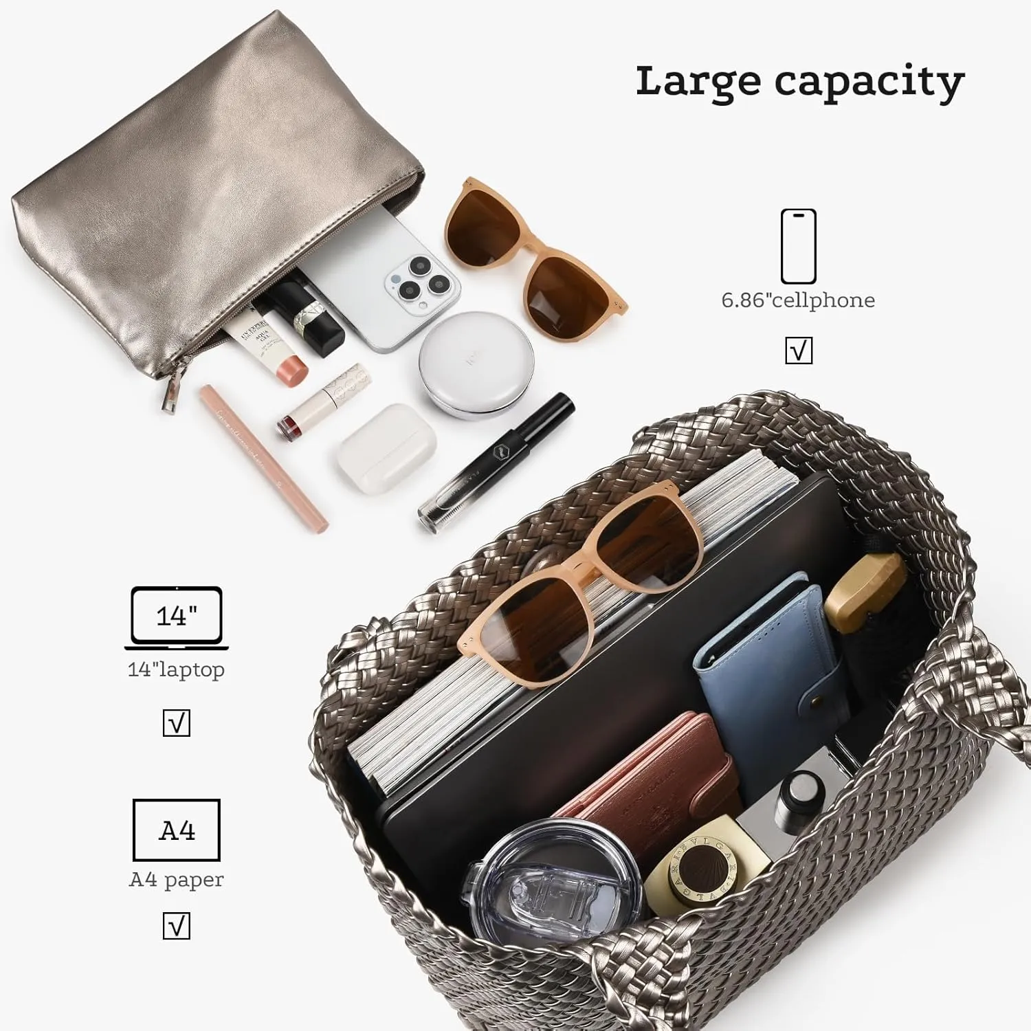 Woven tote Bag for Women, Large woven handbag Shoulder Bag Soft Vegan Leather with Inner Zipper Pouch