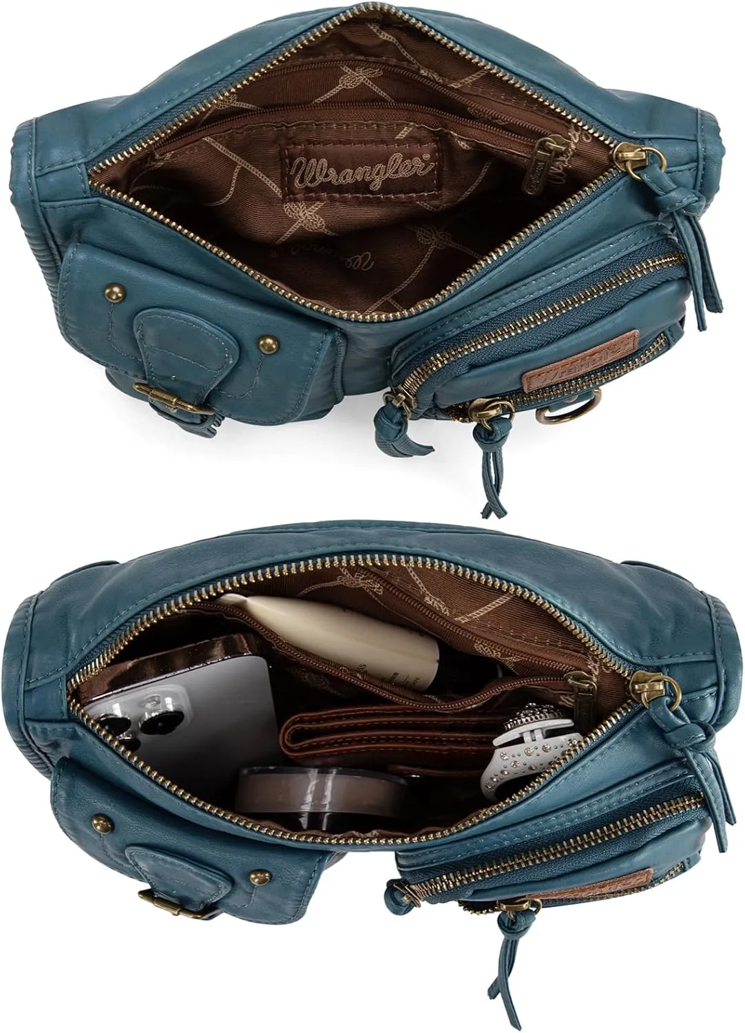 Wrangler Crossbody Bag for Women Small Soft Washed Leather Multi Pocket Shoulder Purses